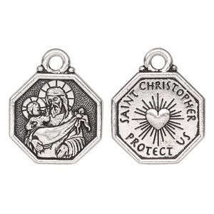 Drop, TierraCast&reg;, antique silver-plated pewter, 20mm 2-sided octagon with Saint Christopher and "Saint Christopher protect us." Sold per pkg of 10.