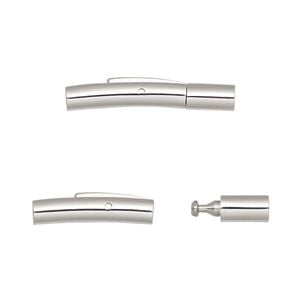Clasp bullet 1pkg1, 25x5mm curved round tube / push release / fits 2mm cord, stainless steel 1-strand