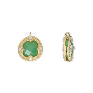 Drop, chalcedony (dyed) / cubic zirconia / gold-finished sterling silver, clear and sea green, 12mm two-sided faceted round. Sold individually.