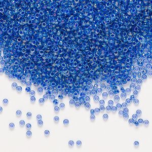 Seed bead, Miyuki, glass, pkg/35g, #15 rocaille, translucent cobalt-lined rainbow sapphire (RR-353).