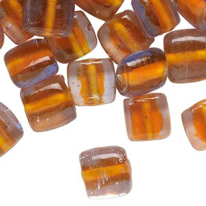 Bead, glass, translucent orange and lavender, 10-11mm puffed square. Sold per pkg of 50 beads.