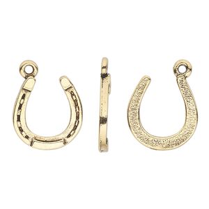 Charm, pewter (tin-based alloy), pkg/1, antique gold plate, 15mm horseshoe.