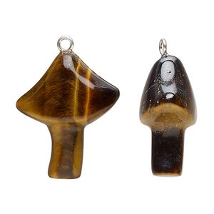 Drop 1pkg1, imitation rhodium-plated brass and tigereye (natural), 25x21.5mm hand-carved mushroom