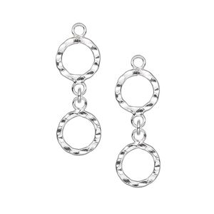 Drop, sterling silver, 25x9mm hammered double rings. Sold per pkg of 2.