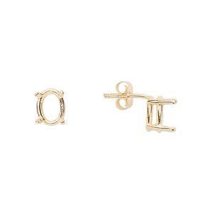 Earstud 1pkg2 Sure-Set&trade; 14Kt gold, 8x6mm oval pre-notched 4-prong basket-style setting / earnuts, 1 pair