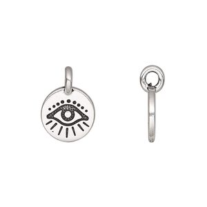 Charm, TierraCast&reg;, antique silver-plated pewter (tin-based alloy), 12mm single-sided round with evil eye. Sold per pkg of 20.