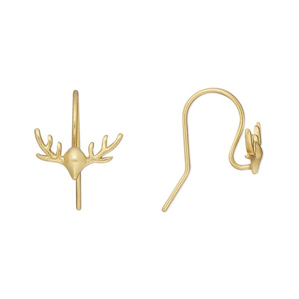Ear wire fishhook 1pkg2 Amoracast&reg; sterling silver, 13mm / 12x8mm antler / open loop / satin finish, 20 gauge "vermeil" 1 pair image number 0