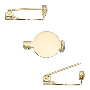 Pin back 1pkg10 gold-plated, 0.5 inch round / locking bar, steel
