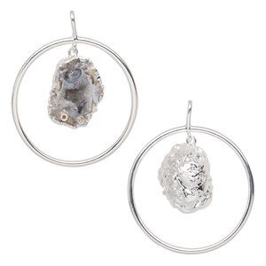 Pendant, Everyday Jewelry, silver-plated brass and agate geode (natural), 52x43mm-54x45mm open round. Sold individually.
