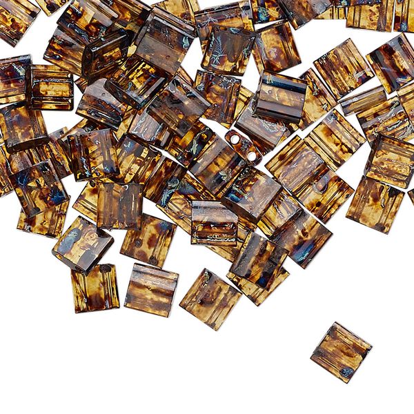 Seed bead, TILA&reg;, glass, pkg/10g, 5mm full tila square, translucent Picasso amber brown, (TL-4502). image number 0
