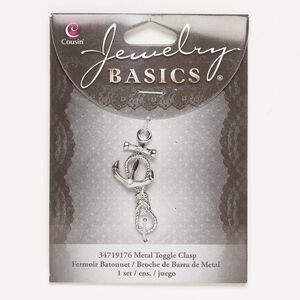 Clasp toggle 1pkg1, 18x16mm anchor, silver-finished brass / clear glass 1-strand
