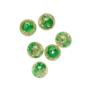 Bead, lampworked glass, clear / green / glow-in-the-dark / gold, 12mm round. Sold per pkg of 6.