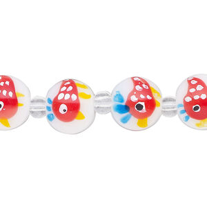 Bead, glass 1pkg8, multicolored, 12mm round with hand-painted fish.