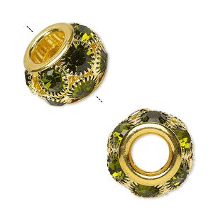 Bead 1pkg1 gold-finished "pewter", 18x12mm rondelle / 6mm faceted round, Egyptian glass rhinestone / light green