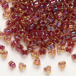 Seed bead, Miyuki, glass, transparent amber yellow color-lined rose, (TR1164), #5 triangle. Sold per 250-gram pkg.