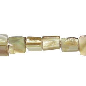 Mother-of-pearl shell 1pkg1, triangle tube bead 15 inch green apple / tan 7x6mm-13x10mm