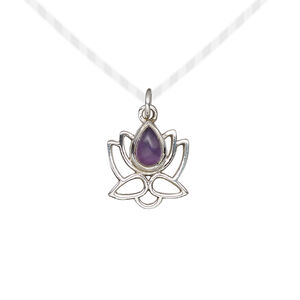 Drop 1pkg1, antiqued sterling silver and amethyst (natural), 12x12mm open lotus