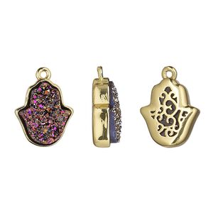 Drop, Druzylite&trade;, "druzy" (resin) and gold-finished brass, metallic purple, 14x12.5mm two-sided Hamsa hand with open filigree back. Sold per pkg of 4.