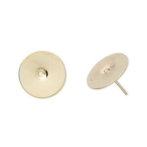 Earstud 1pkg100 gold-plated, 14mm flat pad, stainless steel / brass 50 pair