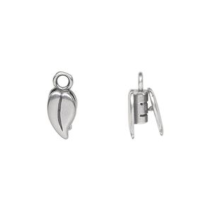 Crimp end 1pkg2 silver-plated, 10x6mm leaf / 2sided / loop / 2mm inside diameter, brass / antiqued / JBB Findings