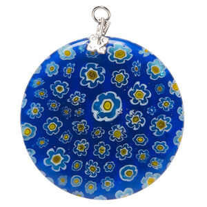 Focal, millefiori glass and silver-finished steel 1pkg1, translucent cobalt blue / yellow / white, 35mm puffed flat round.