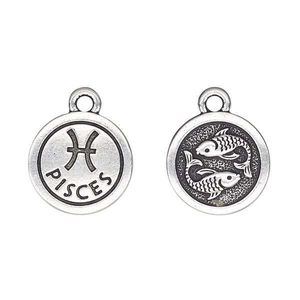 Charm, TierraCast&reg;, antique silver-plated pewter (tin-based alloy), 15mm two-sided flat round with Pisces zodiac sign and symbol. Sold per pkg of 20. image number 0