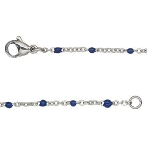 Chain 1pkg1 cable, 1.7mm flat / 2mm ball / lobster claw clasp, stainless steel / blue enamel 16 inch