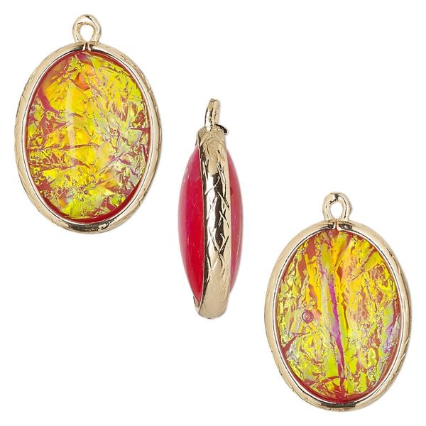 Drop, Opalized Ice&trade;, "opal" (resin) and gold-finished brass, orange, 20x15mm double-sided oval. Sold per pkg of 4. image number 0