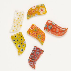 Component, millefiori glass, translucent red-orange and multicolored, 24x12mm-32x15mm undrilled talon. Sold per pkg of 6.