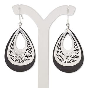 Earring, acrylic with imitation rhodium-plated brass and "pewter" (zinc-based alloy), black, 49.5mm with brushed teardrop and rose cutout design with fishhook ear wire. Sold per pair.