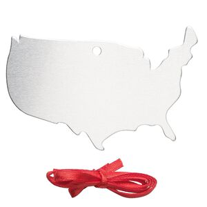 Ornament, ImpressArt&reg;, aluminum and polyester, 1-7/8 x3 inch USA map with ribbon. Sold per pkg of 3.