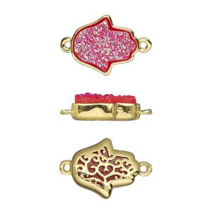 Link, Druzylite&trade;, "druzy" (resin) and gold-finished brass, hot pink, 14x12.5mm two-sided Hamsa hand with open filigree back. Sold per pkg of 4.
