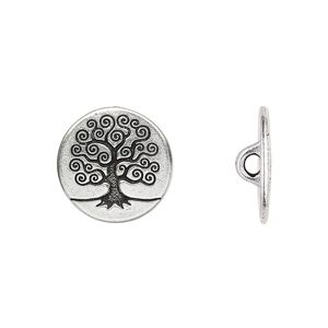 Button, TierraCast&reg;, antique silver-plated pewter (tin-based alloy), 16mm flat round with tree of life and loop. Sold per pkg of 2.