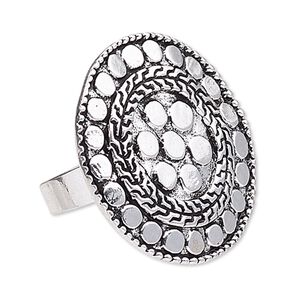 Ring, antique silver-plated "pewter" (zinc-based alloy), 35mm round, adjustable. Sold individually.
