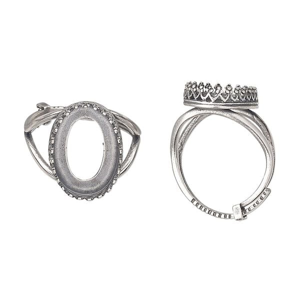 Ring, JBB Findings, antique silver-plated brass, 19.5mm wide with decorative trim and 18x13mm oval bezel setting, adjustable from size 8-11. Sold individually. image number 0
