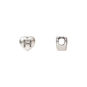 Bead 1pkg1 sterling silver, 7.5x7mm heart / letter H, antiqued Dione&reg;