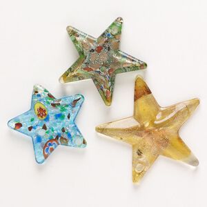 Pressed mix, glass, pkg/3, translucent mixed colors with silver-colored foil and copper-colored glitter, 37x35mm-50x46mm flat-sided and puffed star.