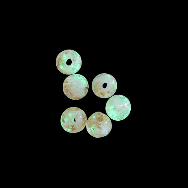 Bead, lampworked glass, clear /opaque white/ glow-in-the-dark / gold, 6mm round. Sold per pkg of 6. image number 1