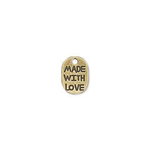 Drop, antique brass-plated "pewter" (zinc-based alloy), 11x8mm single-sided flat oval with "MADE WITH LOVE." Sold per pkg of 20.