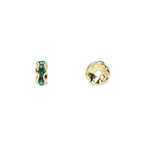Bead 1pkg10 gold-finished, 6x3mm rondelle, brass / emerald green rhinestone