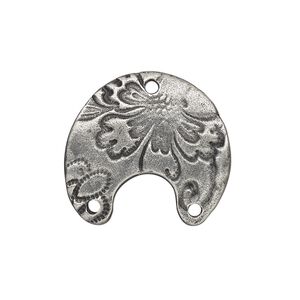 Connector, TierraCast&reg;, "Vida Mas Dulce" collection, antiqued pewter (tin-based alloy), 21x19.5mm two-sided slightly domed naja with flora design and 3 holes. Sold per pkg of 20.
