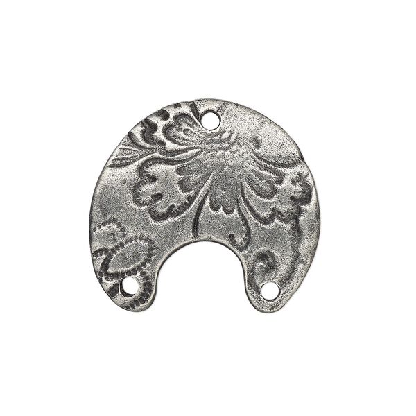 Connector, TierraCast&reg;, "Vida Mas Dulce" collection, antiqued pewter (tin-based alloy), 21x19.5mm two-sided slightly domed naja with flora design and 3 holes. Sold per pkg of 20. image number 0