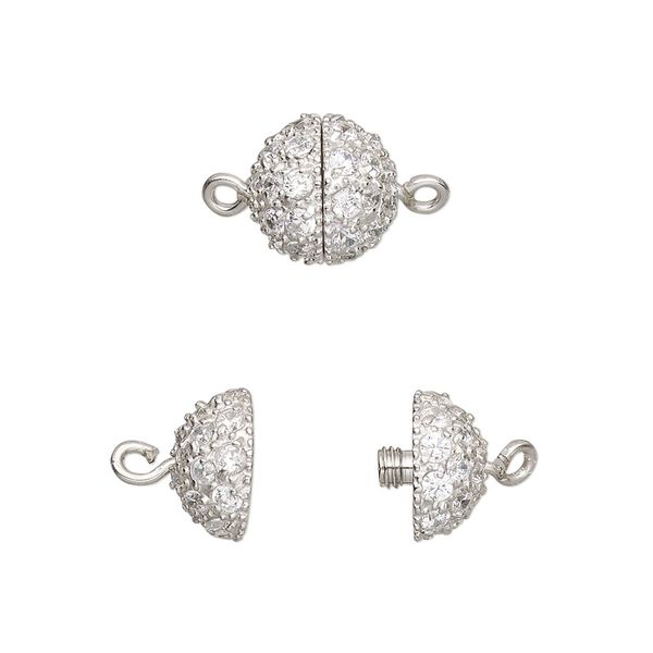 Clasp twist-in 1pkg1 rhodium-plated sterling silver, 10mm textured round, cubic zirconia clear 1-strand image number 0