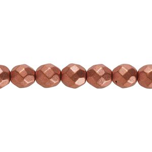 Bead, Czech fire-polished glass, opaque satin copper, 8mm faceted round. Sold per 15-1/2" to 16" strand, approximately 50 beads.