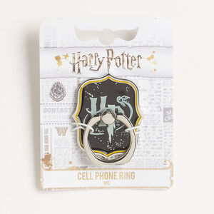 Cell phone ring 1pkg1, silver-finished brass and steel / enamel, black / white / yellow-orange, 45x38mm Harry Potter&trade; fancy rectangle.