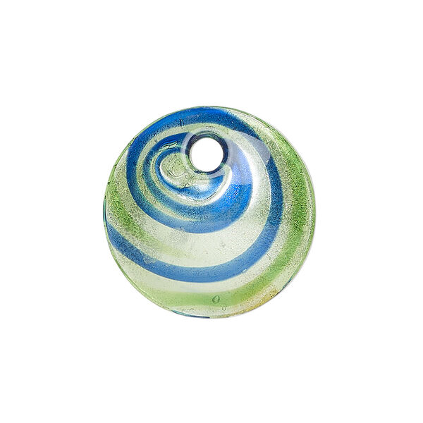 Drop, lampworked glass 1pkg1, translucent and transparent blue and green with silver-colored foil, 27x21mm top-drilled single-sided domed round. image number 0