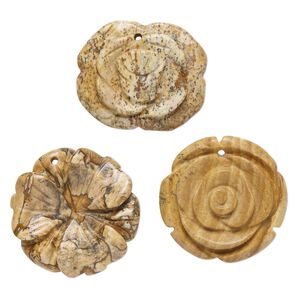 Picture jasper 1pkg3, top-drilled carved flower drop natural mix 26x30mm-31x30mm