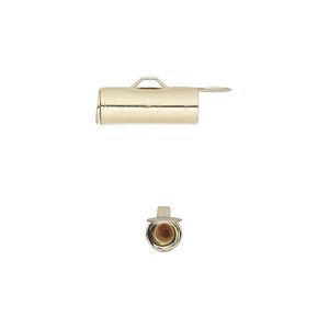 End bar 1pkg10 gold-finished, 14x5mm round tube / fold-in ends / 4mm inside diameter, brass