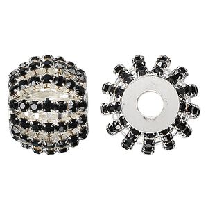 Bead 1pkg1 silver-plated, 25x20mm barrel / 3mm chatons, brass / black rhinestone