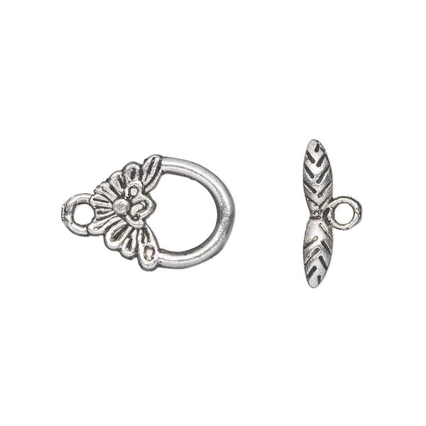 Clasp toggle 1pkg20 silver-plated "pewter" (zinc alloy), 15x12mm flower, antique 1-strand image number 0